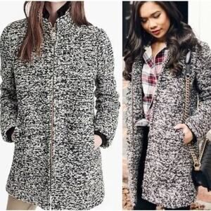 J Crew Coat Italian Wool Lodge Tweed Zip Up in Boucle Speckled Black White 6P